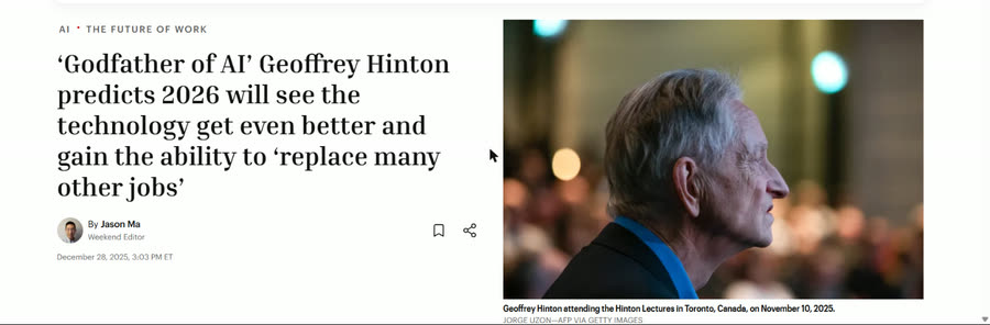 Fortune: 'Godfather of AI' Geoffrey Hinton predicts 2026 will see the technology get even better and gain the ability to 'replace many other jobs'